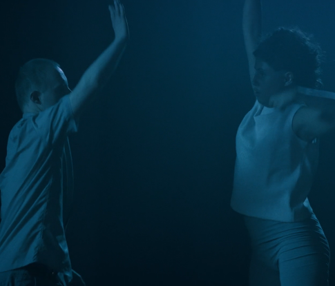 Videostill von Tanz ist eine Sprache. Ein schwarzer Mann mit dichtgekraustem Haar umschliesst mit seiner Hand sanft den Ellbogen eines weissen Mannes im Rollstuhl. Dieser führt ihn mit gehobenem Arm in eine langgestreckte Rückbeuge.