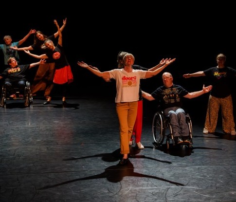Eine Person in einem roten, festlichen  Kostüm sitzt im Rollstuhl. Am Rollstuhl sind lange roten Federn befestigt. Im Hintergrund, leicht verschwommen, tanzen Menschen.